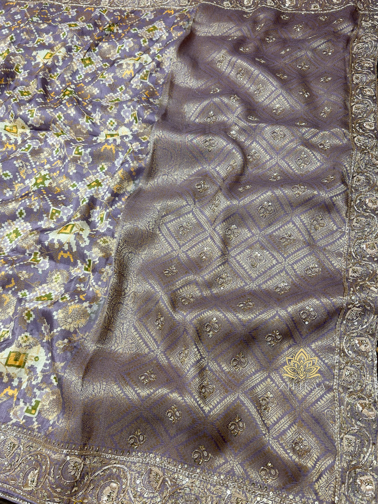 Lavender Zardozi Handwork Patola Designer Munga silk saree