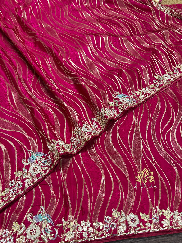 Queen Pink Munga Silk Saree with Zardozi Hand Embroidery