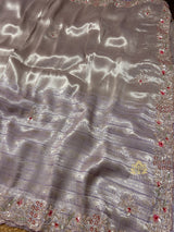 Lilac Purple Designer Hand Embroidery Kanchi Tissue Silk Saree