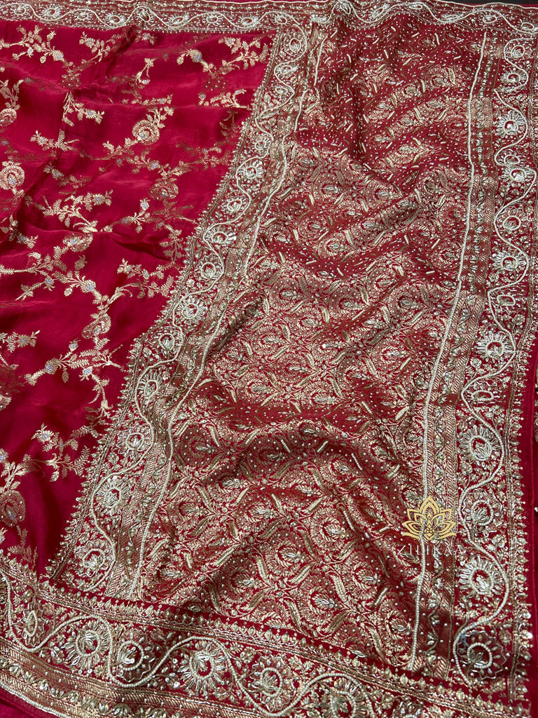 Calcutta Red Zardozi Handwork Mulberry Banarasi Silk Saree