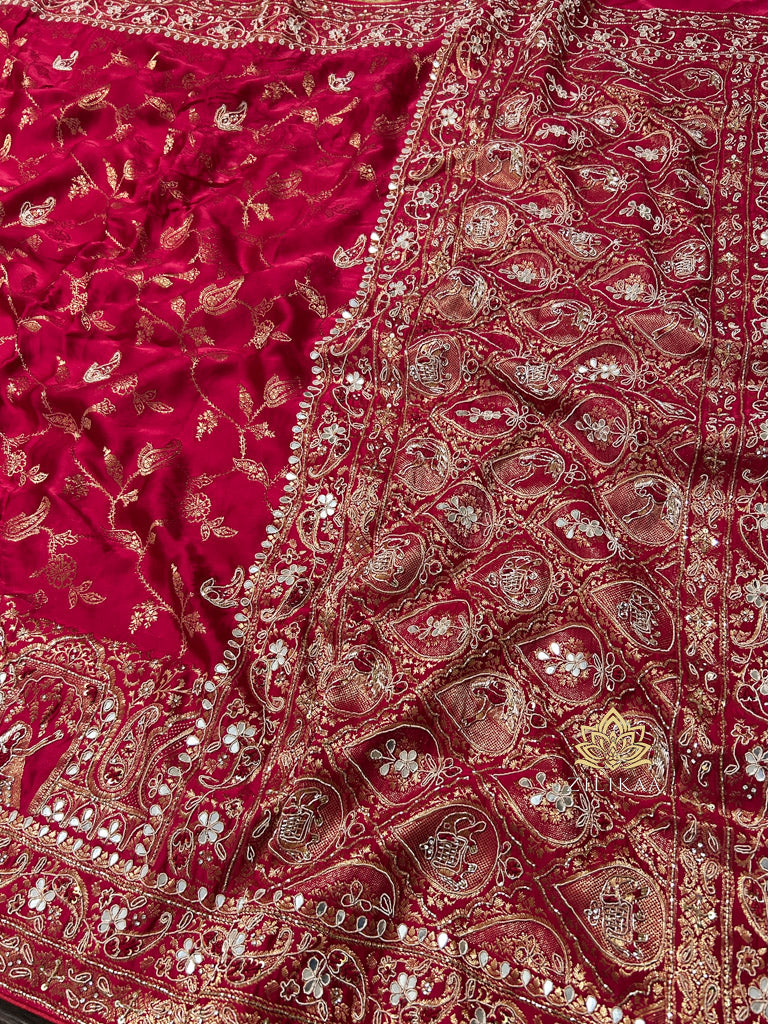 Calcutta Red Zardozi Handwork Mulberry Banarasi Silk Saree