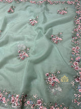 Ocean Green Hand Embroidery Organza Silk Saree