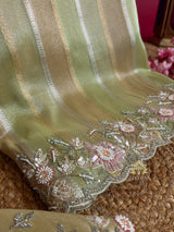 Parrot Green Designer Hand Embroidery Rangkat Kanchi Tissue Silk Saree