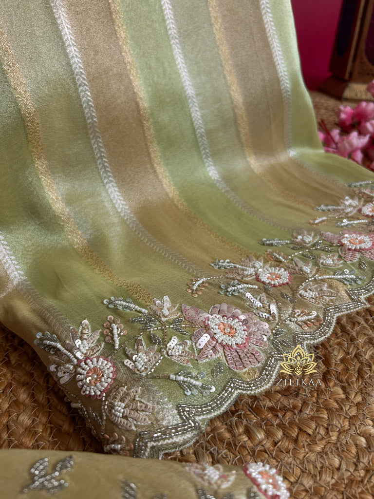 Parrot Green Designer Hand Embroidery Rangkat Kanchi Tissue Silk Saree