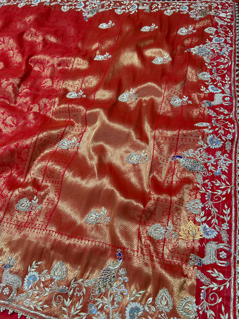 Bride Special Zardozi Hand Embroidery Kanchipuram Silk Saree