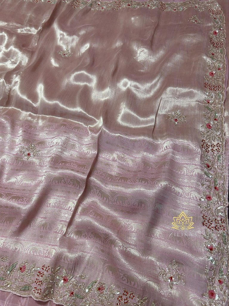 Baby Pink Designer Hand Embroidery Kanchi Tissue Silk Saree