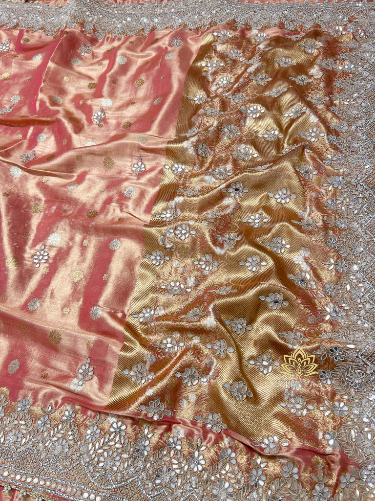 Salmon Pink Zardozi Hand Embroidery Kanchipuram Tissue Silk Saree