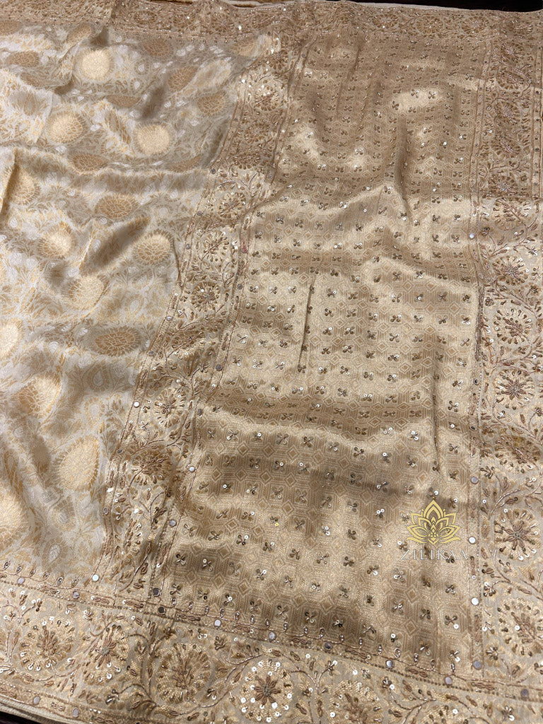 Ivory White Self Woven Kanchi Silk Saree with Zardozi Hand Embroidery
