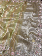 Parrot Green Designer Hand Embroidery Rangkat Kanchi Tissue Silk Saree