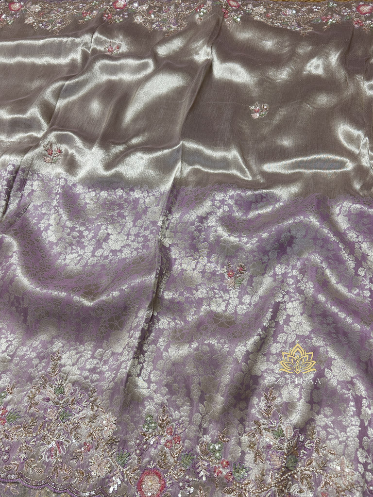 Lilac Purple Designer Hand Embroidery Kanchi Tissue Silk Saree