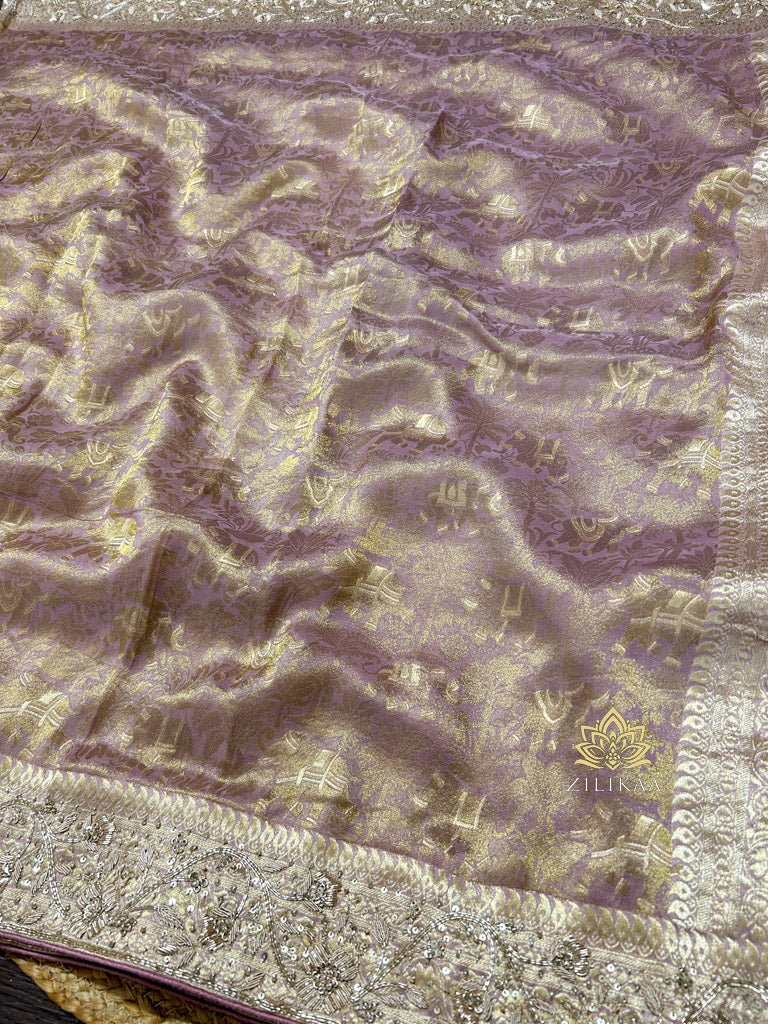 Lilac Purple Zardozi Handwork Kanchi Tissue Silk Saree
