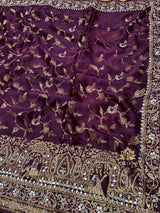 Plum Wine Zardozi Handwork Mulberry Banarasi Silk Saree