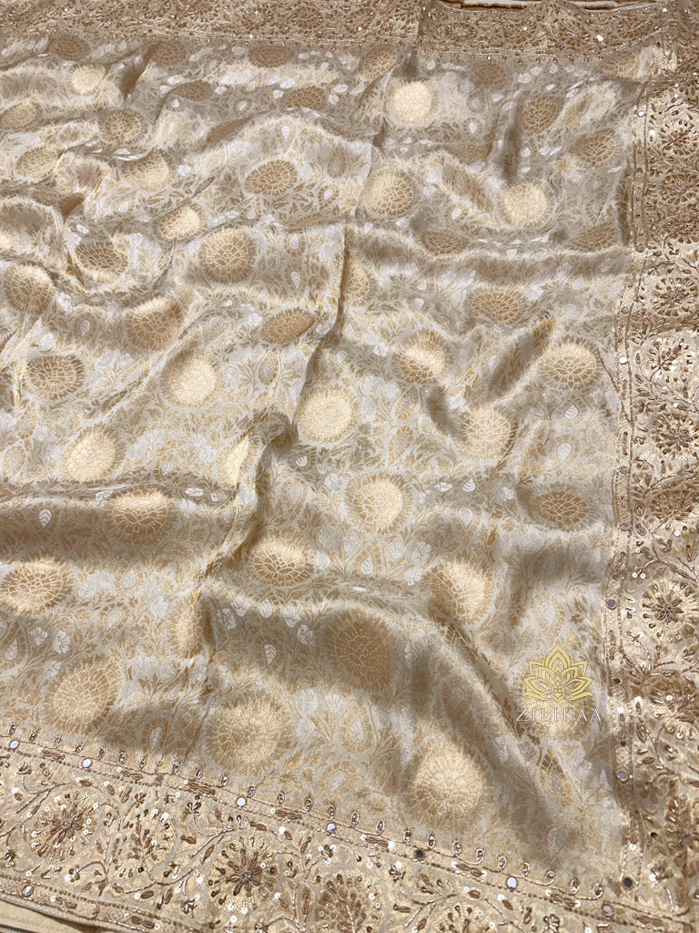 Ivory White Self Woven Kanchi Silk Saree with Zardozi Hand Embroidery