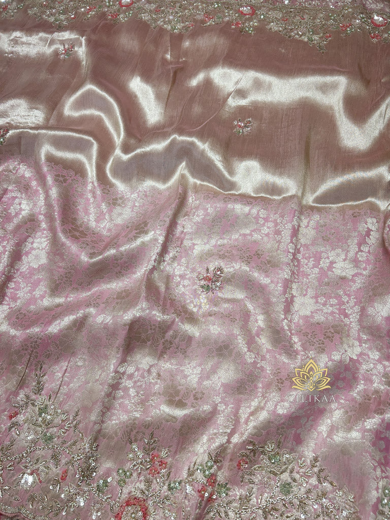 Baby Pink Designer Hand Embroidery Kanchi Tissue Silk Saree