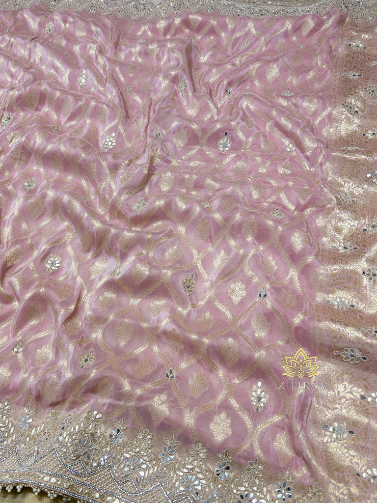 Baby Pink Zardozi Handwork Munga Banarasi SIlk Saree