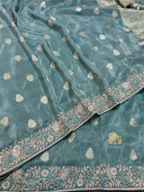 French Blue Tissue Silk Saree with Zardozi Pearl Handwork