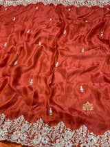Rust Orange Mulberry Silk Saree With Zardozi Scalloped Border