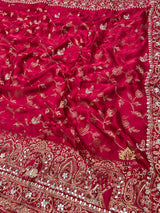 Calcutta Red Zardozi Handwork Mulberry Banarasi Silk Saree