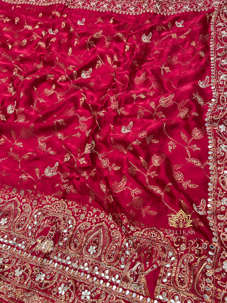Calcutta Red Zardozi Handwork Mulberry Banarasi Silk Saree