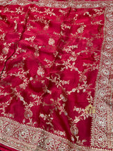 Calcutta Red Zardozi Handwork Mulberry Banarasi Silk Saree