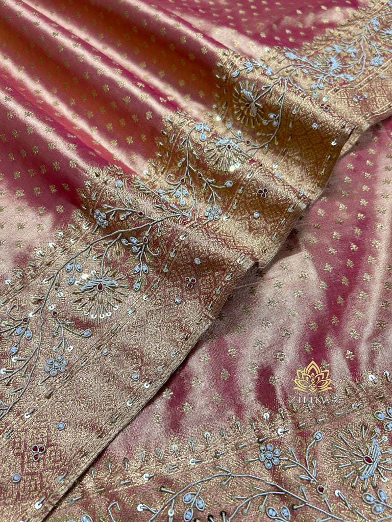 Salmon Pink Kanchipuram Tissue Silk Saree with Zardozi Hand Embroidery
