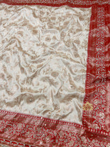 Ivory Red Banarasi Katan Silk Saree with Zardozi Hand Embroidery