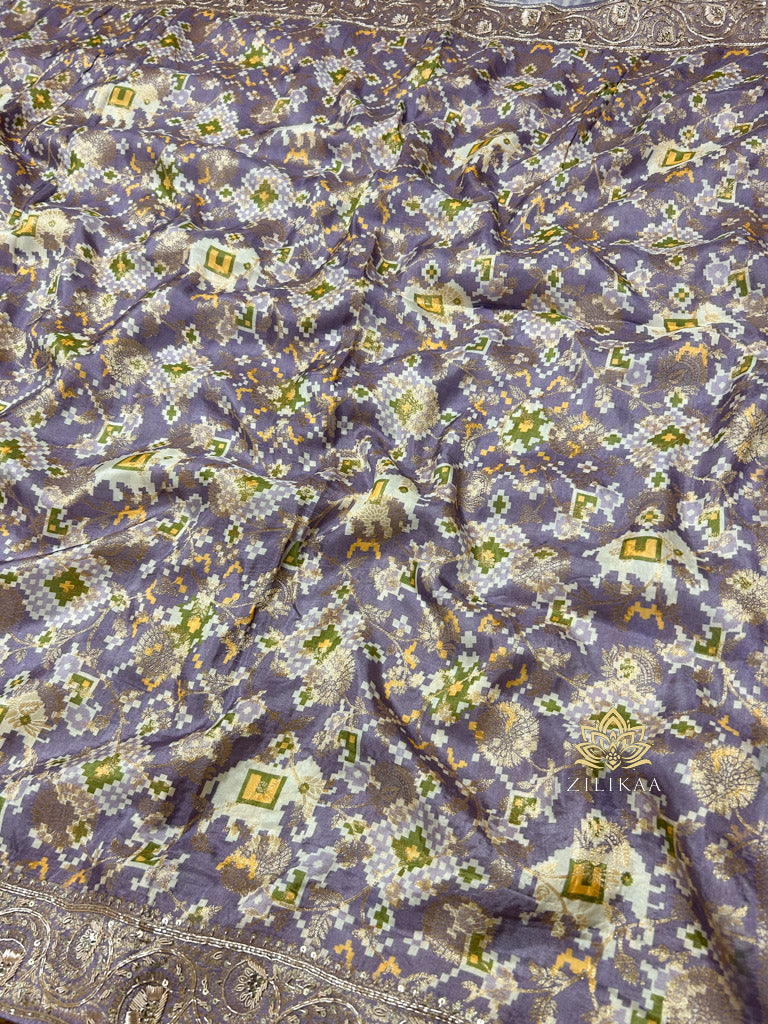 Lavender Zardozi Handwork Patola Designer Munga silk saree