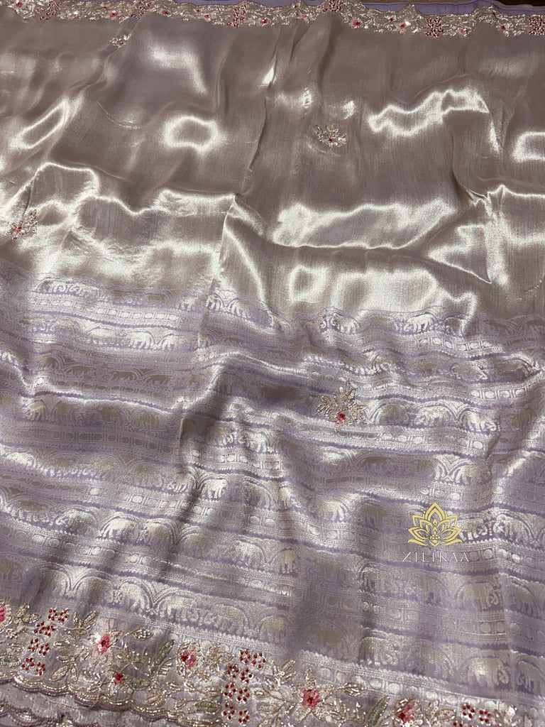 Lilac Purple Designer Hand Embroidery Kanchi Tissue Silk Saree