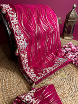 Queen Pink Munga Silk Saree with Zardozi Hand Embroidery