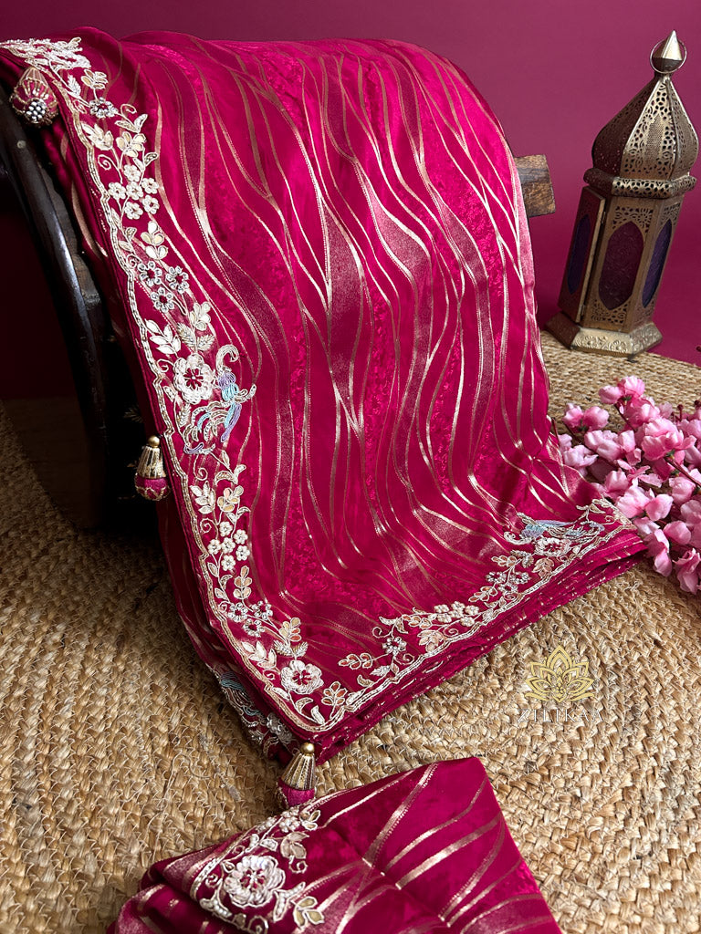 Queen Pink Munga Silk Saree with Zardozi Hand Embroidery