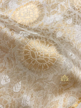 Ivory White Self Woven Kanchi Silk Saree with Zardozi Hand Embroidery