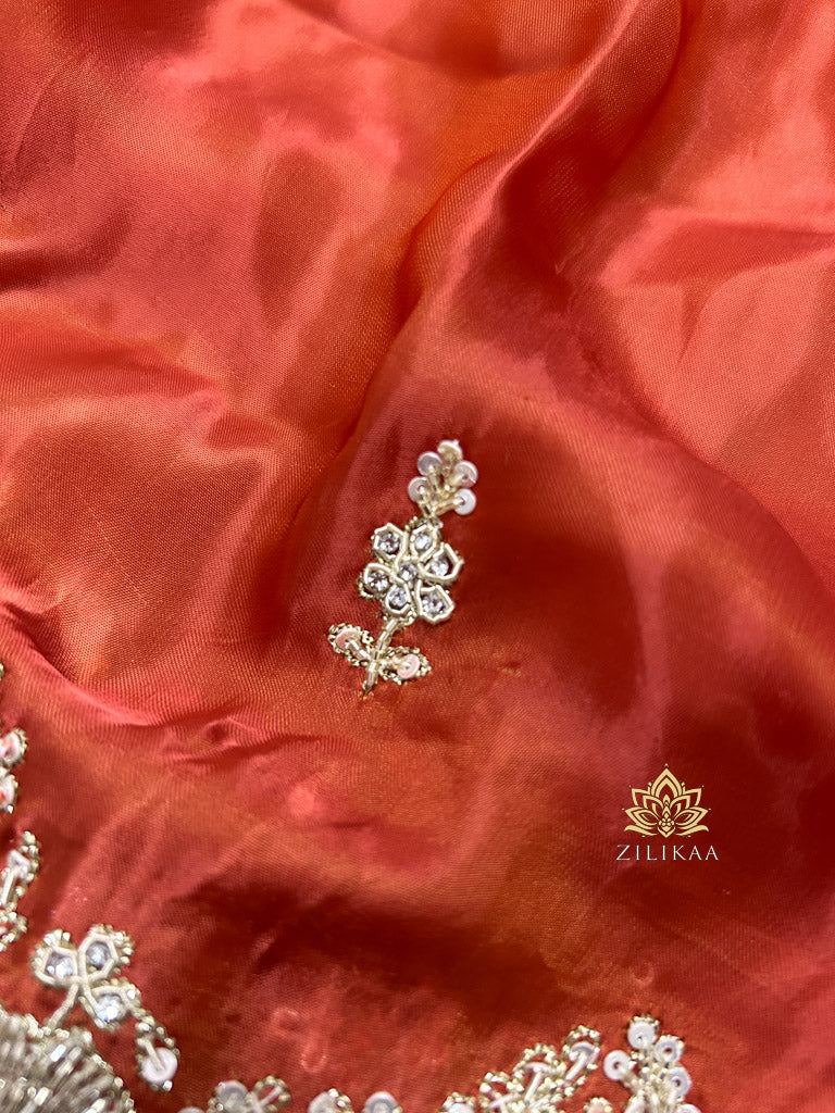 Rust Orange Mulberry Silk Saree With Zardozi Scalloped Border
