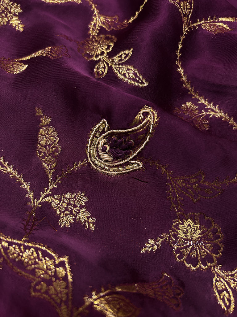 Plum Wine Zardozi Handwork Mulberry Banarasi Silk Saree