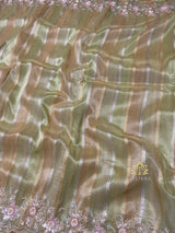 Parrot Green Designer Hand Embroidery Rangkat Kanchi Tissue Silk Saree