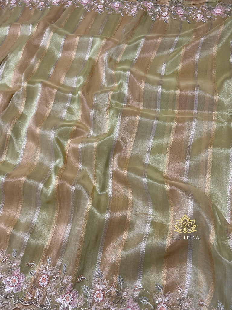 Parrot Green Designer Hand Embroidery Rangkat Kanchi Tissue Silk Saree