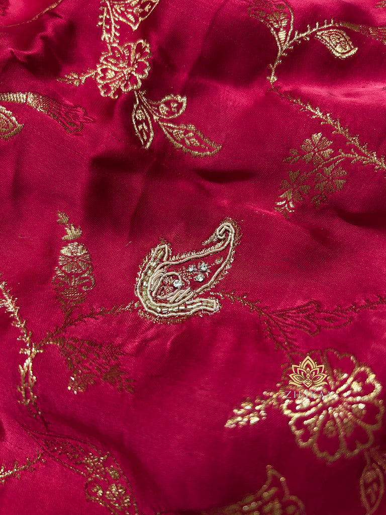Calcutta Red Zardozi Handwork Mulberry Banarasi Silk Saree