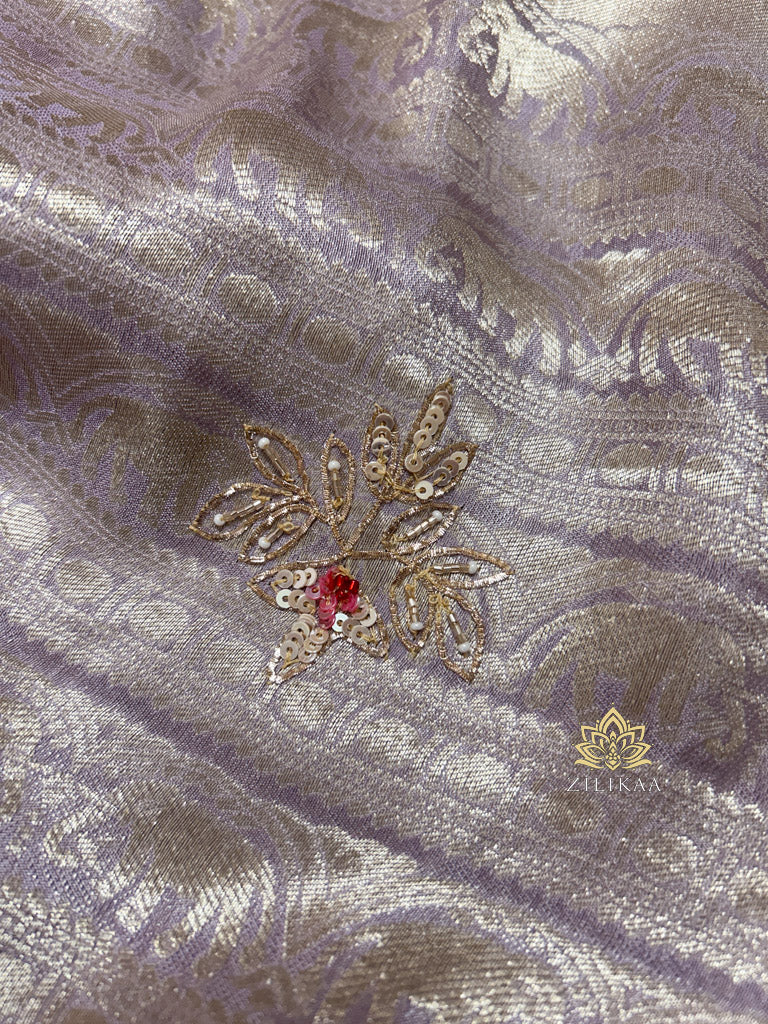 Lilac Purple Designer Hand Embroidery Kanchi Tissue Silk Saree