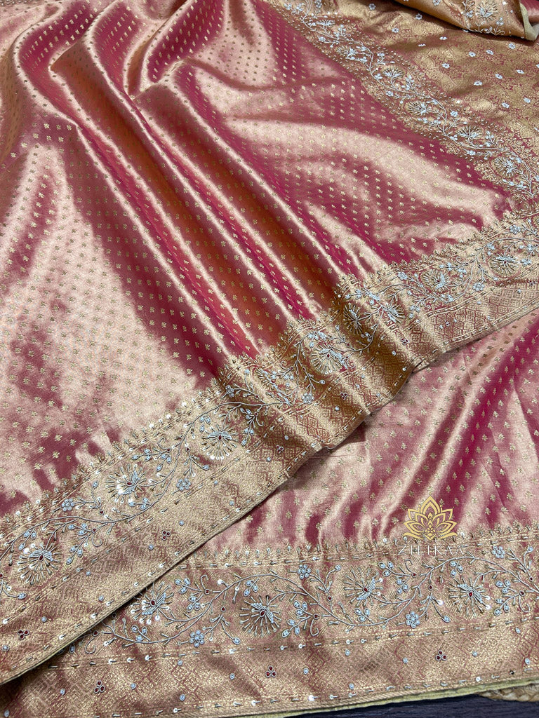 Salmon Pink Kanchipuram Tissue Silk Saree with Zardozi Hand Embroidery