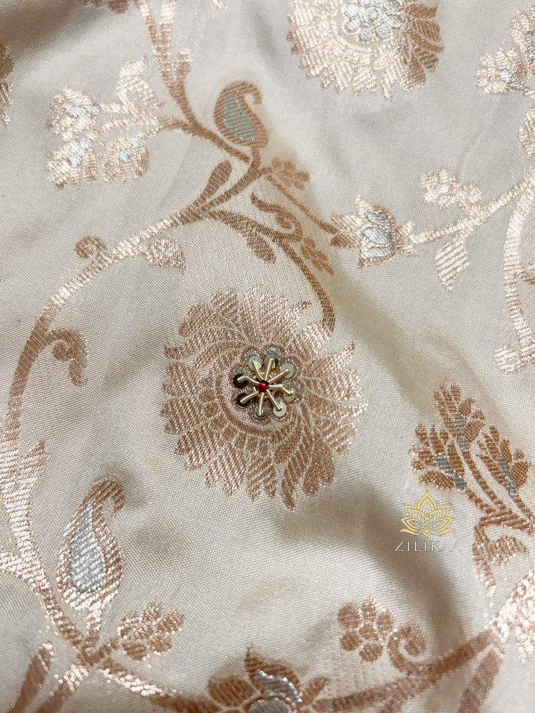 Ivory Red Banarasi Katan Silk Saree with Zardozi Hand Embroidery