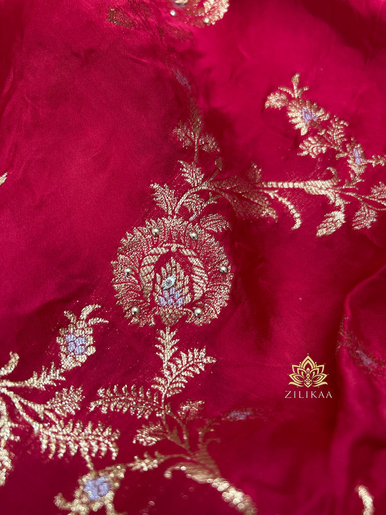 Calcutta Red Zardozi Handwork Mulberry Banarasi Silk Saree
