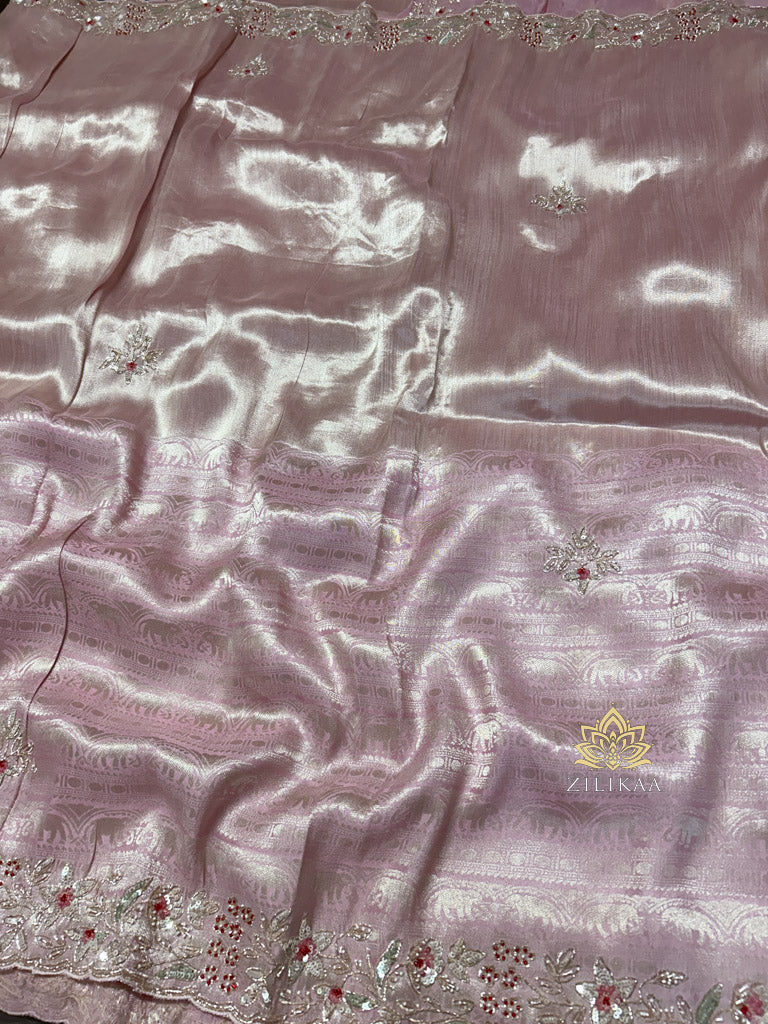 Baby Pink Designer Hand Embroidery Kanchi Tissue Silk Saree