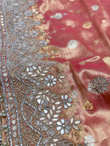Salmon Pink Zardozi Hand Embroidery Kanchipuram Tissue Silk Saree