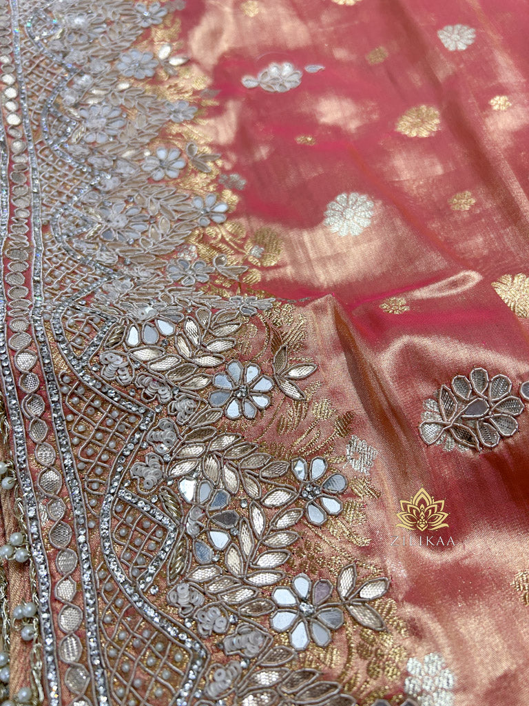 Salmon Pink Zardozi Hand Embroidery Kanchipuram Tissue Silk Saree