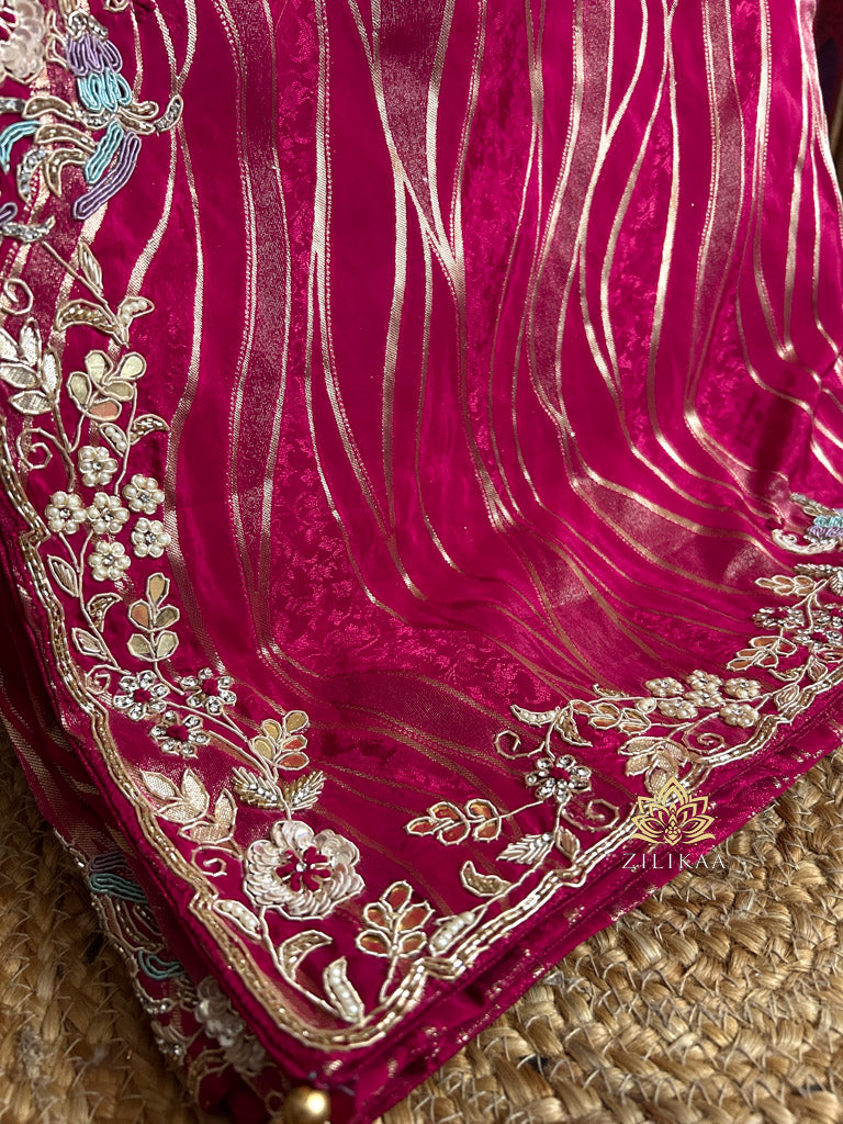 Queen Pink Munga Silk Saree with Zardozi Hand Embroidery