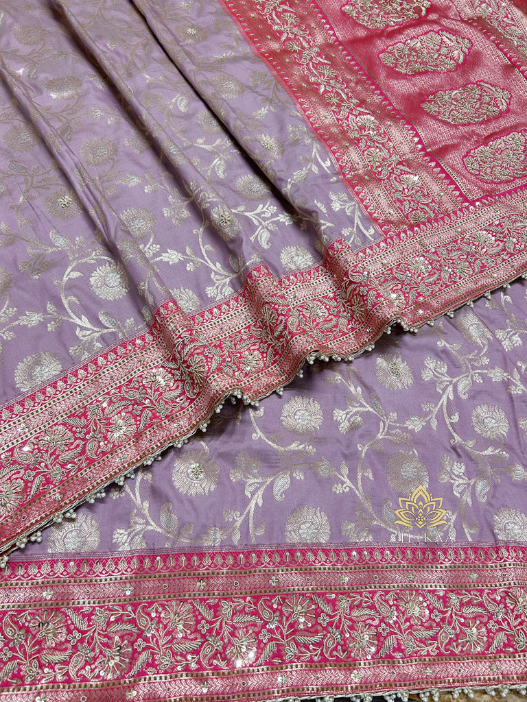 Lilac Purple Banarasi Katan Silk Saree with Zardozi Hand Embroidery