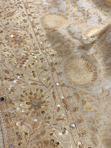 Ivory White Self Woven Kanchi Silk Saree with Zardozi Hand Embroidery