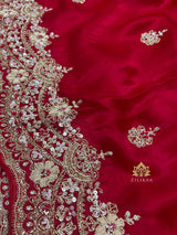 Rose Red Mulberry Silk Saree With Zardozi Scalloped Border