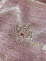 Baby Pink Designer Hand Embroidery Kanchi Tissue Silk Saree