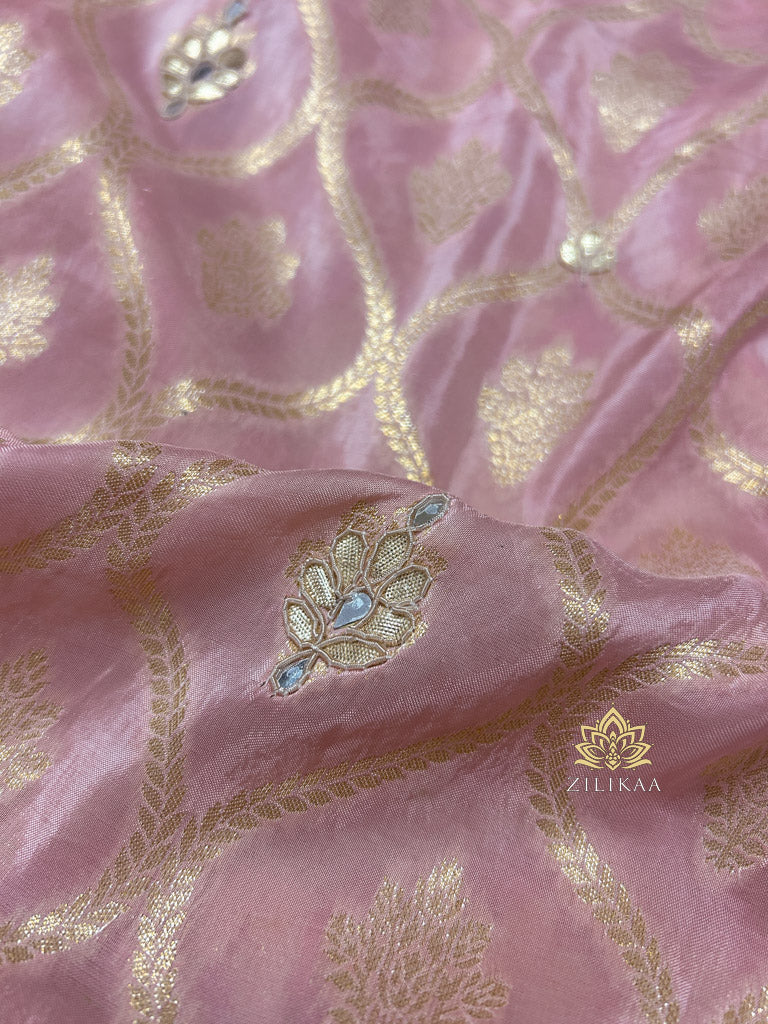 Baby Pink Zardozi Handwork Munga Banarasi SIlk Saree