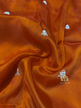 Rust Orange Munga Silk Saree with Designer Zardozi Handwork